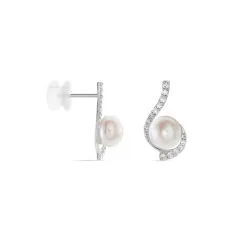 Histoire D'Or Boucles D'oreilles Puces Cassiopea Or Blanc Oxyde Et Perle De Culture -Boucles d'oreilles Bracelet Soldes B3OFBU2062 view1