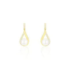 Histoire D'Or Boucles D'oreilles Pendantes Helin Or Jaune Perle De Culture Et Oxyde