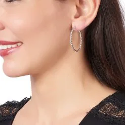 Histoire D'Or Créoles Abie Effet Torsade Lisse Et Diamante Argent Blanc -Boucles d'oreilles Bracelet Soldes FAOFBW00UN model0