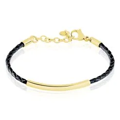 Histoire D'Or Bracelet Boshra Acier Dore Cuir Noir