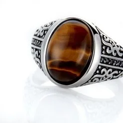 Histoire D'Or Chevalière Acier Vieilli Keegan œil De Tigre -Boucles d'oreilles Bracelet Soldes FIHHGQM001 view3